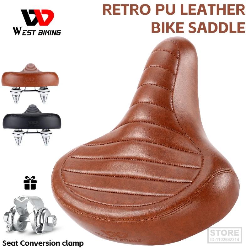 WEST BIKING MTB Spring Saddle Electric Bike Wide Comfortable Bicycle Seat Leather Retro Brown Saddle Soft Shock-Abso